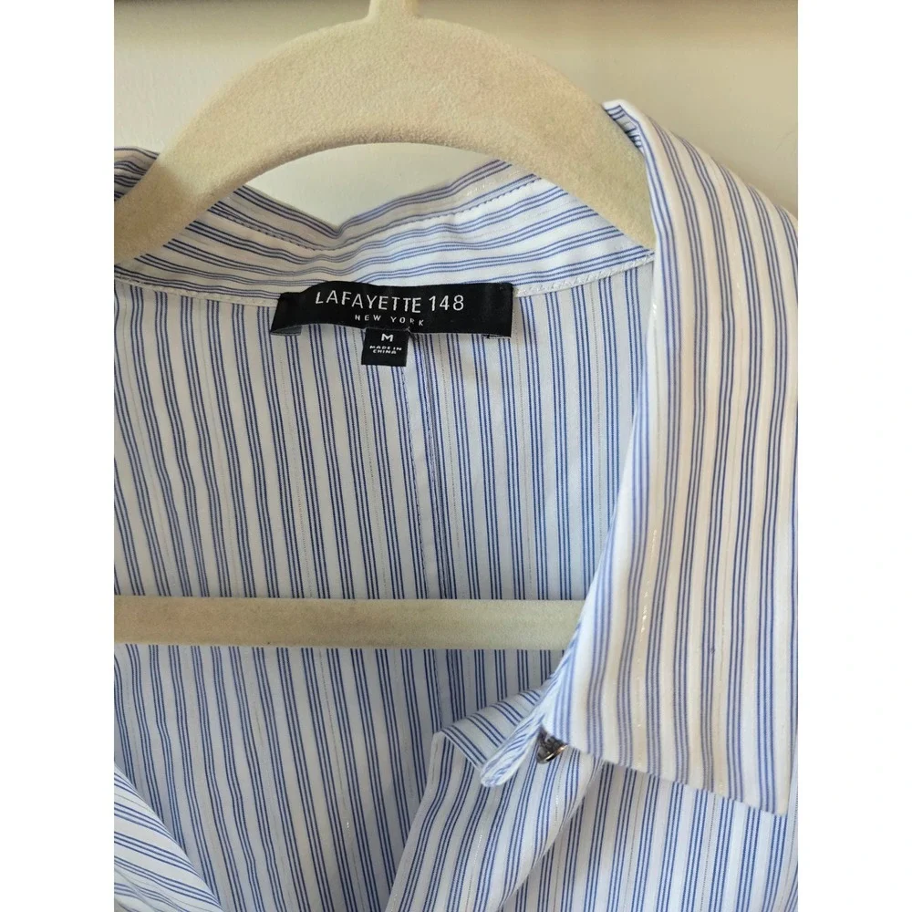 Lafayette 148 New York Blue White Striped Metallic Cotton Button Down Shirt M - Picture 3 of 7